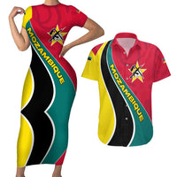 Mozambique Couples Matching Short Sleeve Bodycon Dress and Hawaiian Shirt with Red Yellow Green Wave Design and National Emblem - Wonder Print Shop
