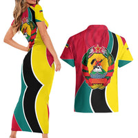 Mozambique Couples Matching Short Sleeve Bodycon Dress and Hawaiian Shirt with Red Yellow Green Wave Design and National Emblem - Wonder Print Shop