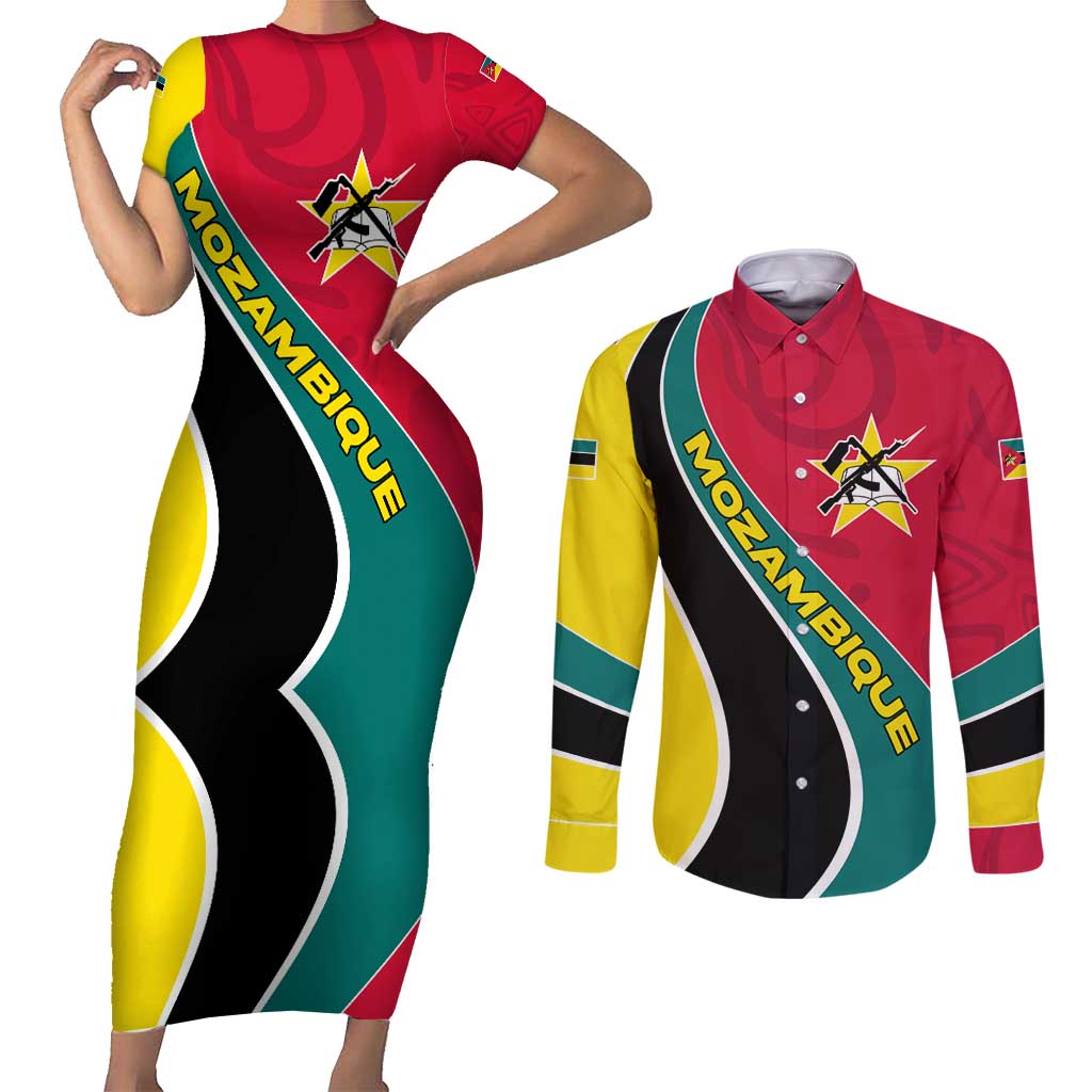 Mozambique Couples Matching Short Sleeve Bodycon Dress and Long Sleeve Button Shirt with Red Yellow Green Wave Design and National Emblem - Wonder Print Shop