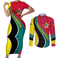 Mozambique Couples Matching Short Sleeve Bodycon Dress and Long Sleeve Button Shirt with Red Yellow Green Wave Design and National Emblem - Wonder Print Shop