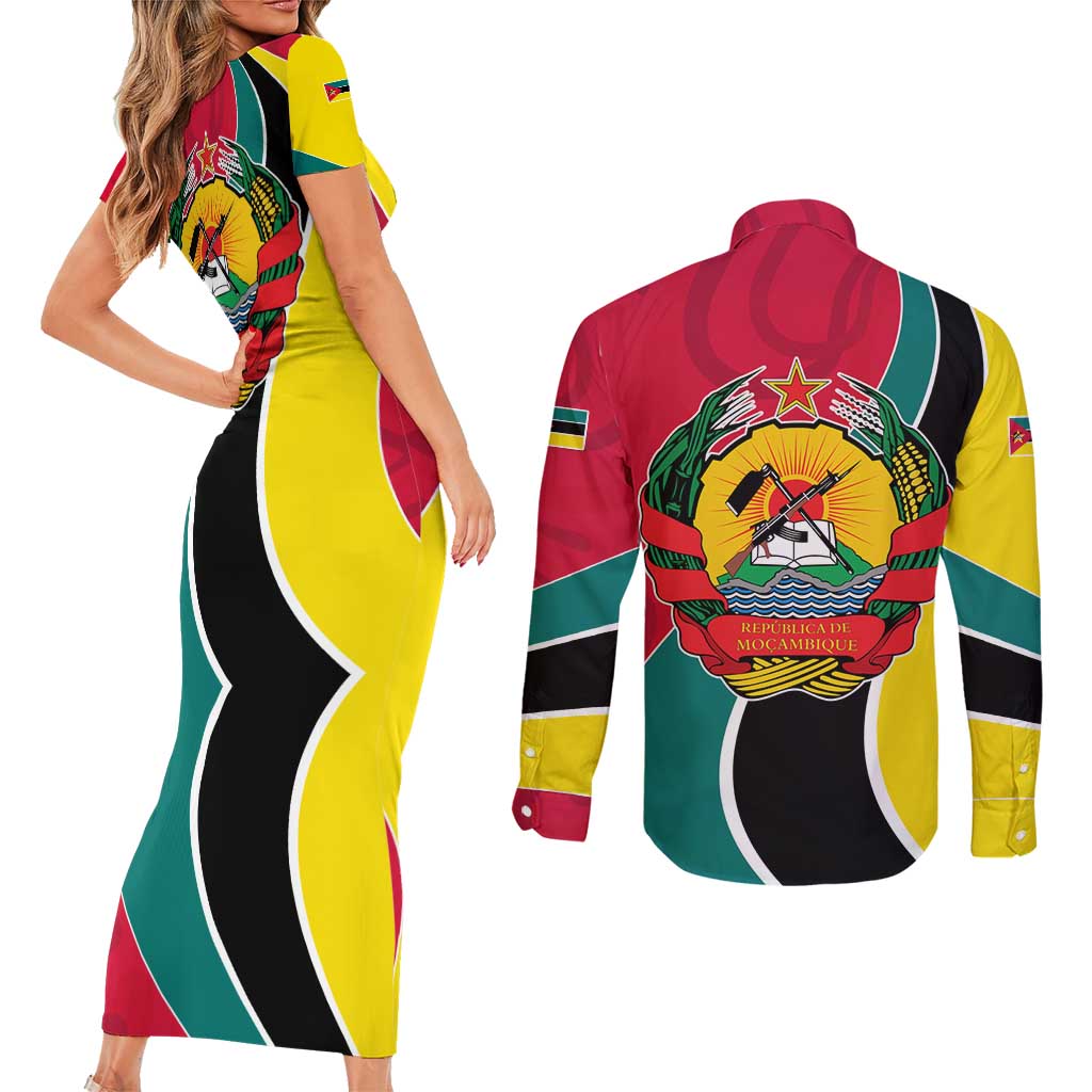 Mozambique Couples Matching Short Sleeve Bodycon Dress and Long Sleeve Button Shirt with Red Yellow Green Wave Design and National Emblem - Wonder Print Shop