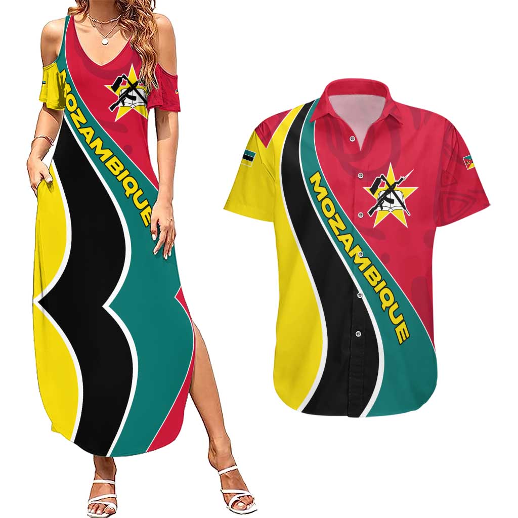 Mozambique Couples Matching Summer Maxi Dress and Hawaiian Shirt with Red Yellow Green Wave Design and National Emblem - Wonder Print Shop