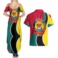 Mozambique Couples Matching Summer Maxi Dress and Hawaiian Shirt with Red Yellow Green Wave Design and National Emblem - Wonder Print Shop