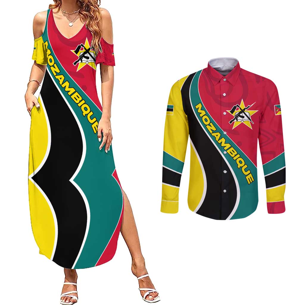 Mozambique Couples Matching Summer Maxi Dress and Long Sleeve Button Shirt with Red Yellow Green Wave Design and National Emblem - Wonder Print Shop