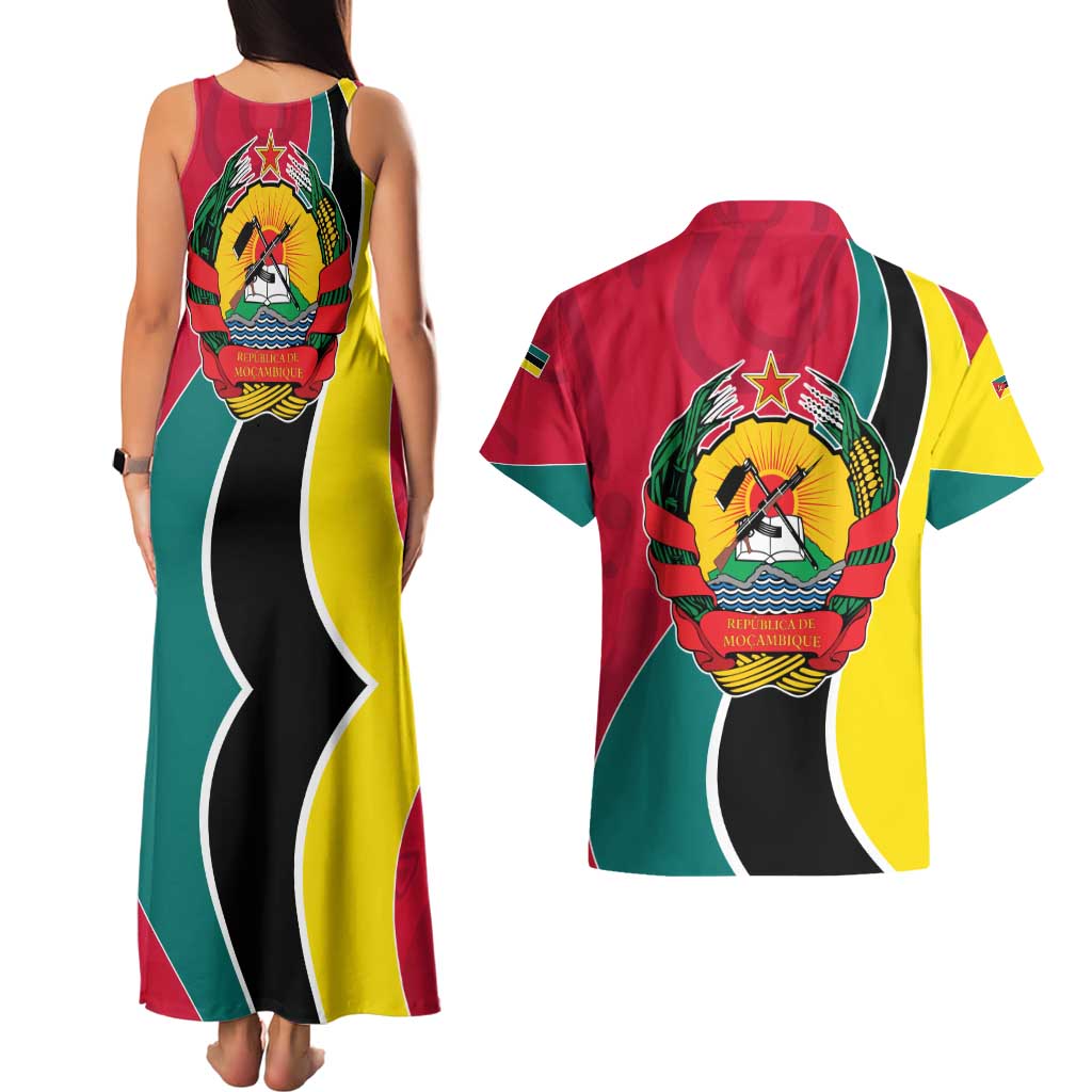 Mozambique Couples Matching Tank Maxi Dress and Hawaiian Shirt with Red Yellow Green Wave Design and National Emblem - Wonder Print Shop