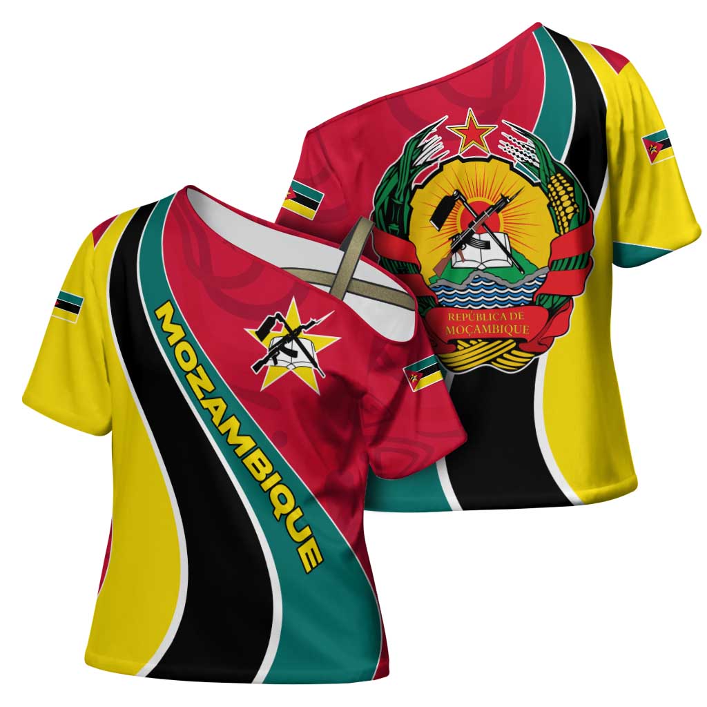 Mozambique Cross Shoulder Shirt with Red Yellow Green Wave Design and National Emblem - Wonder Print Shop