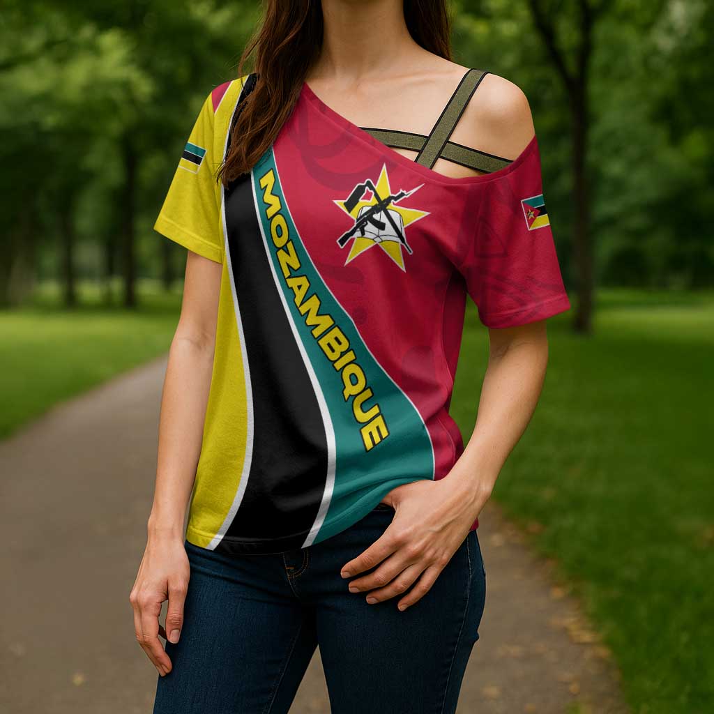Mozambique Cross Shoulder Shirt with Red Yellow Green Wave Design and National Emblem - Wonder Print Shop