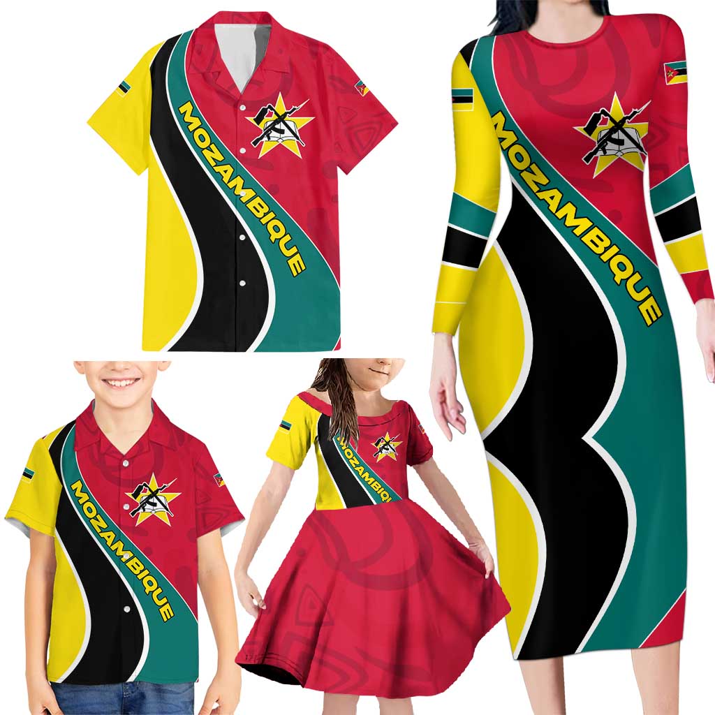 Mozambique Family Matching Long Sleeve Bodycon Dress and Hawaiian Shirt with Red Yellow Green Wave Design and National Emblem - Wonder Print Shop