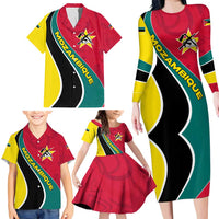 Mozambique Family Matching Long Sleeve Bodycon Dress and Hawaiian Shirt with Red Yellow Green Wave Design and National Emblem - Wonder Print Shop
