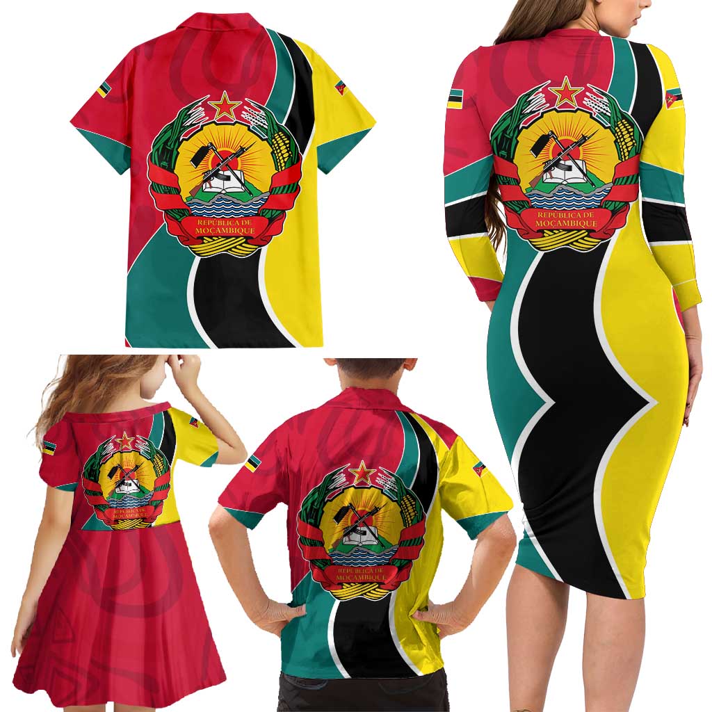 Mozambique Family Matching Long Sleeve Bodycon Dress and Hawaiian Shirt with Red Yellow Green Wave Design and National Emblem - Wonder Print Shop