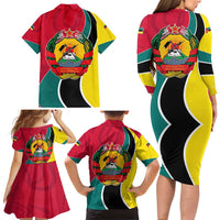Mozambique Family Matching Long Sleeve Bodycon Dress and Hawaiian Shirt with Red Yellow Green Wave Design and National Emblem - Wonder Print Shop