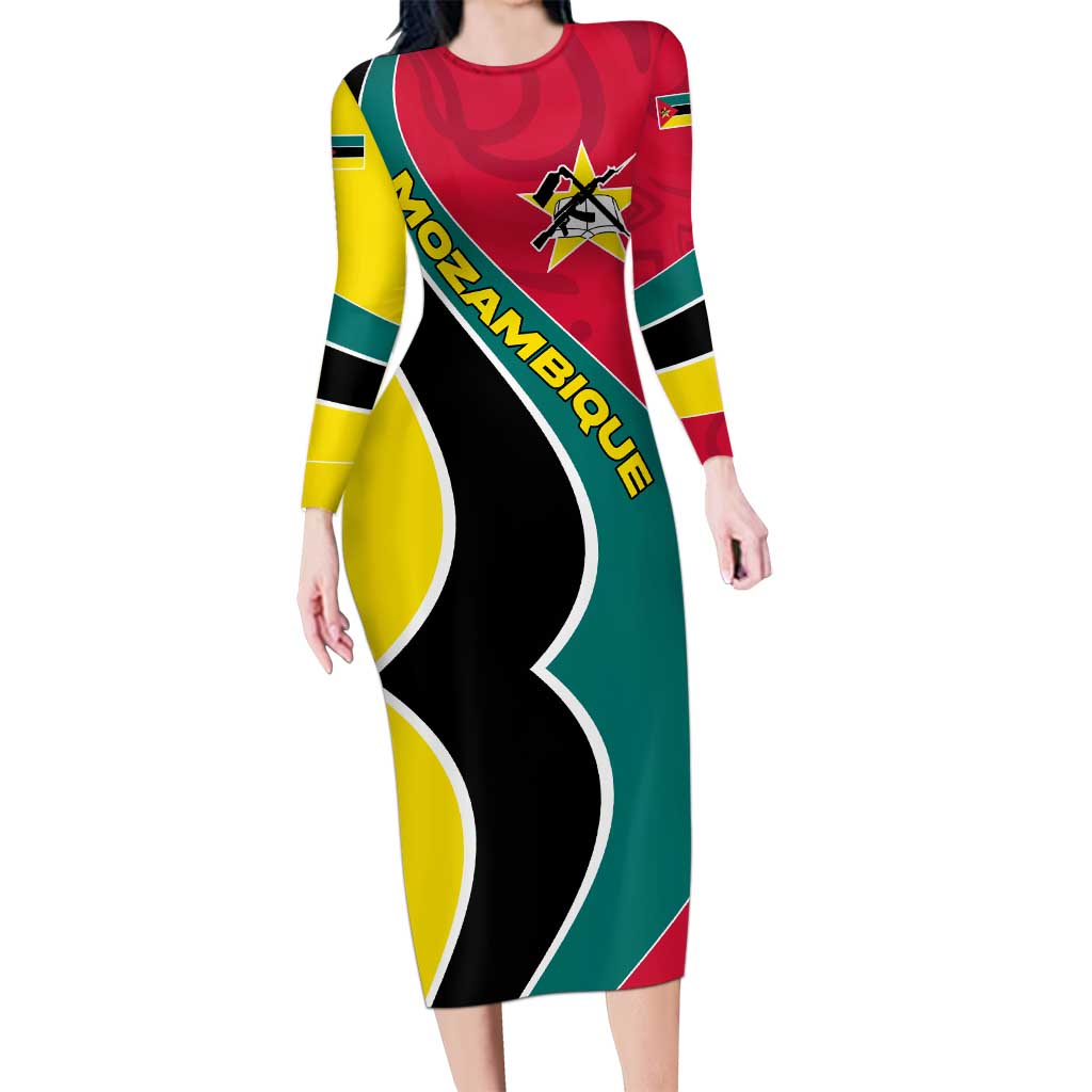 Mozambique Family Matching Long Sleeve Bodycon Dress and Hawaiian Shirt with Red Yellow Green Wave Design and National Emblem - Wonder Print Shop