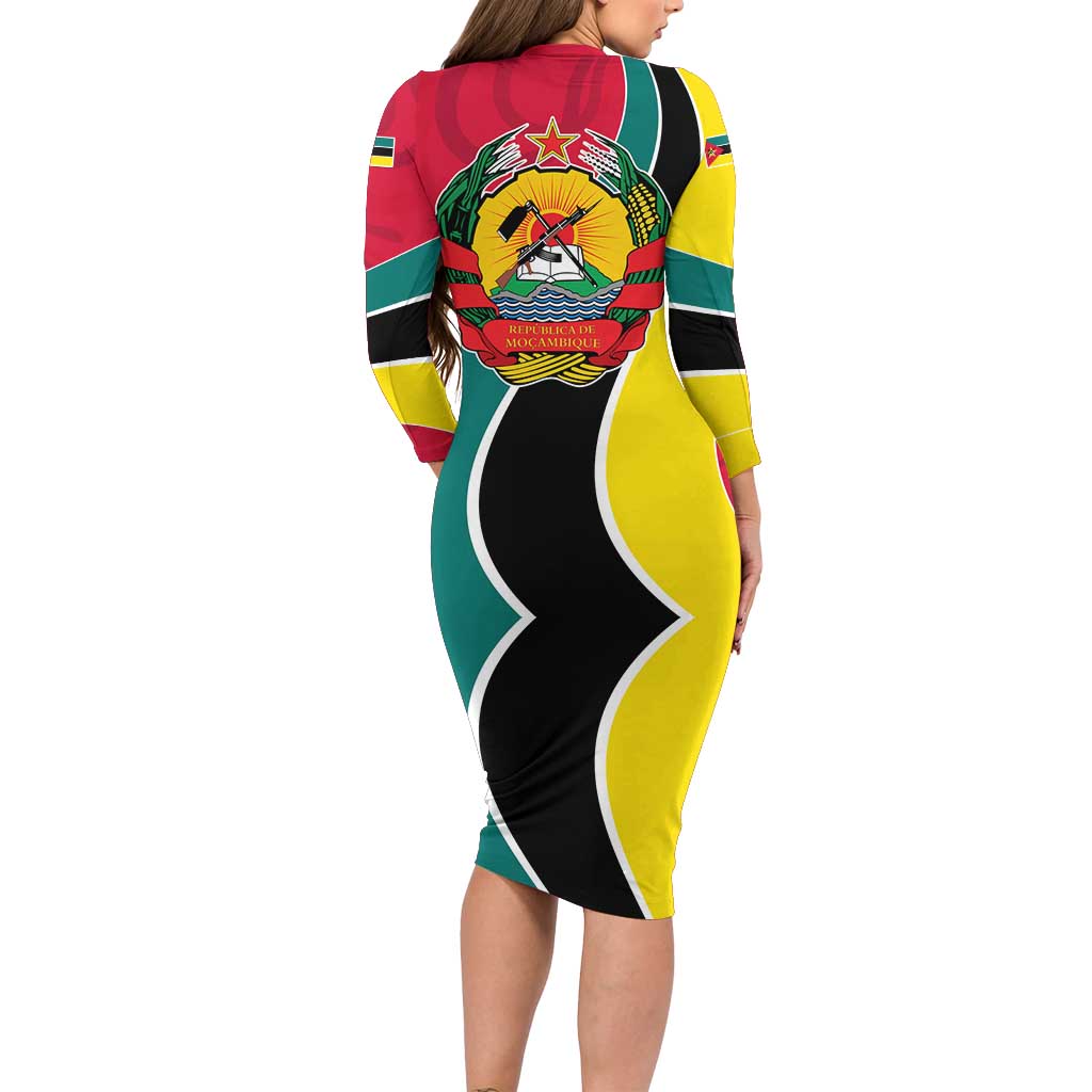 Mozambique Family Matching Long Sleeve Bodycon Dress and Hawaiian Shirt with Red Yellow Green Wave Design and National Emblem - Wonder Print Shop