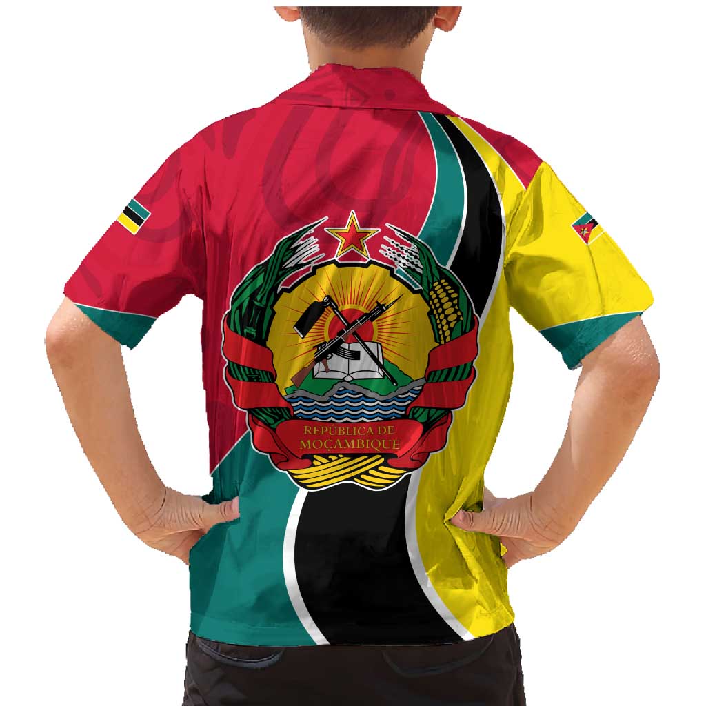 Mozambique Family Matching Mermaid Dress and Hawaiian Shirt with Red Yellow Green Wave Design and National Emblem - Wonder Print Shop