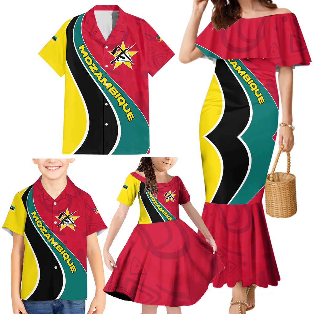 Mozambique Family Matching Mermaid Dress and Hawaiian Shirt with Red Yellow Green Wave Design and National Emblem - Wonder Print Shop