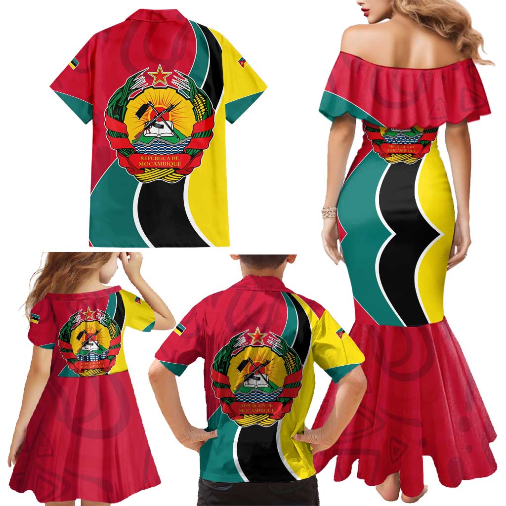 Mozambique Family Matching Mermaid Dress and Hawaiian Shirt with Red Yellow Green Wave Design and National Emblem - Wonder Print Shop