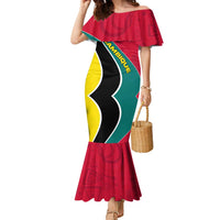 Mozambique Family Matching Mermaid Dress and Hawaiian Shirt with Red Yellow Green Wave Design and National Emblem - Wonder Print Shop