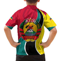 Mozambique Family Matching Off The Shoulder Long Sleeve Dress and Hawaiian Shirt with Red Yellow Green Wave Design and National Emblem - Wonder Print Shop