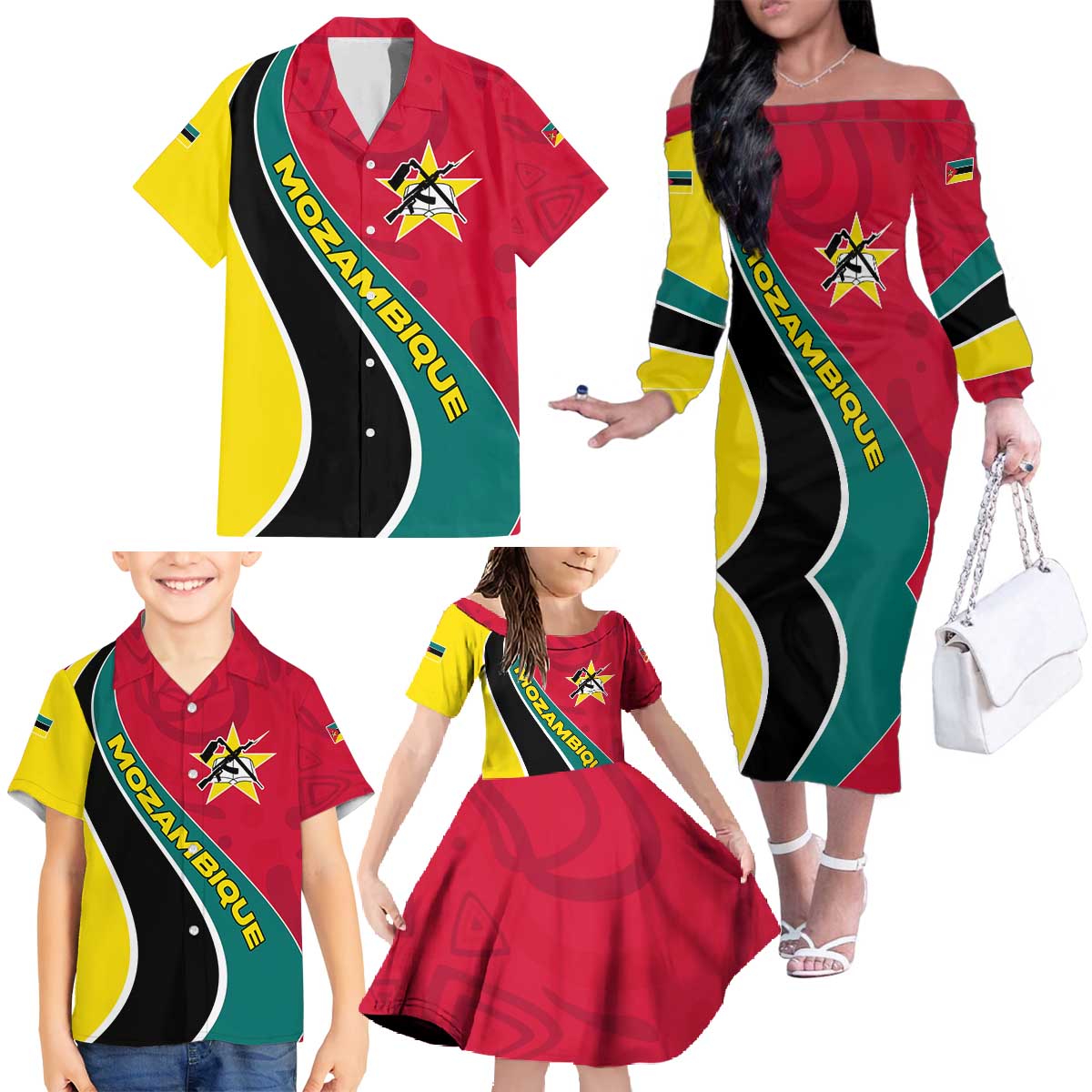 Mozambique Family Matching Off The Shoulder Long Sleeve Dress and Hawaiian Shirt with Red Yellow Green Wave Design and National Emblem - Wonder Print Shop