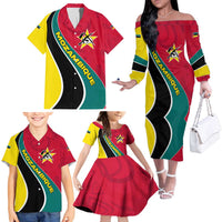 Mozambique Family Matching Off The Shoulder Long Sleeve Dress and Hawaiian Shirt with Red Yellow Green Wave Design and National Emblem - Wonder Print Shop