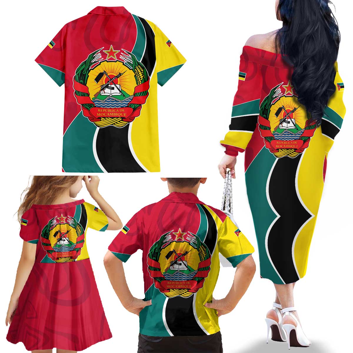 Mozambique Family Matching Off The Shoulder Long Sleeve Dress and Hawaiian Shirt with Red Yellow Green Wave Design and National Emblem - Wonder Print Shop