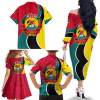 Mozambique Family Matching Off The Shoulder Long Sleeve Dress and Hawaiian Shirt with Red Yellow Green Wave Design and National Emblem - Wonder Print Shop