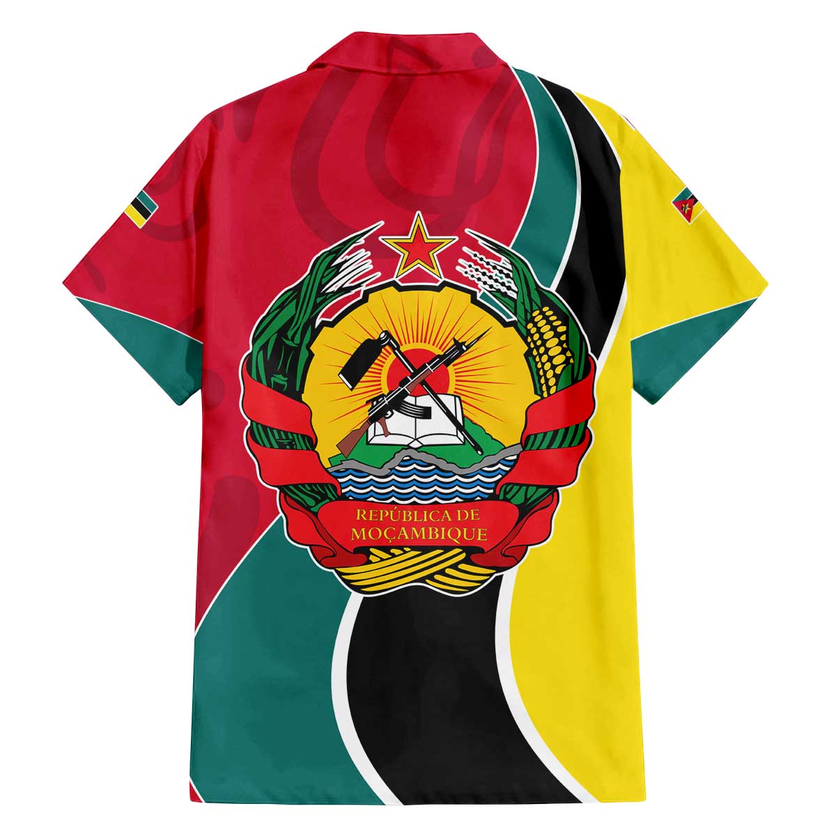 Mozambique Family Matching Off The Shoulder Long Sleeve Dress and Hawaiian Shirt with Red Yellow Green Wave Design and National Emblem - Wonder Print Shop
