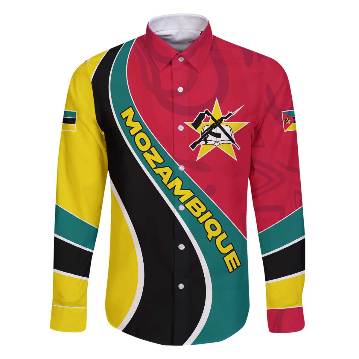 Mozambique Family Matching Off The Shoulder Long Sleeve Dress and Hawaiian Shirt with Red Yellow Green Wave Design and National Emblem - Wonder Print Shop