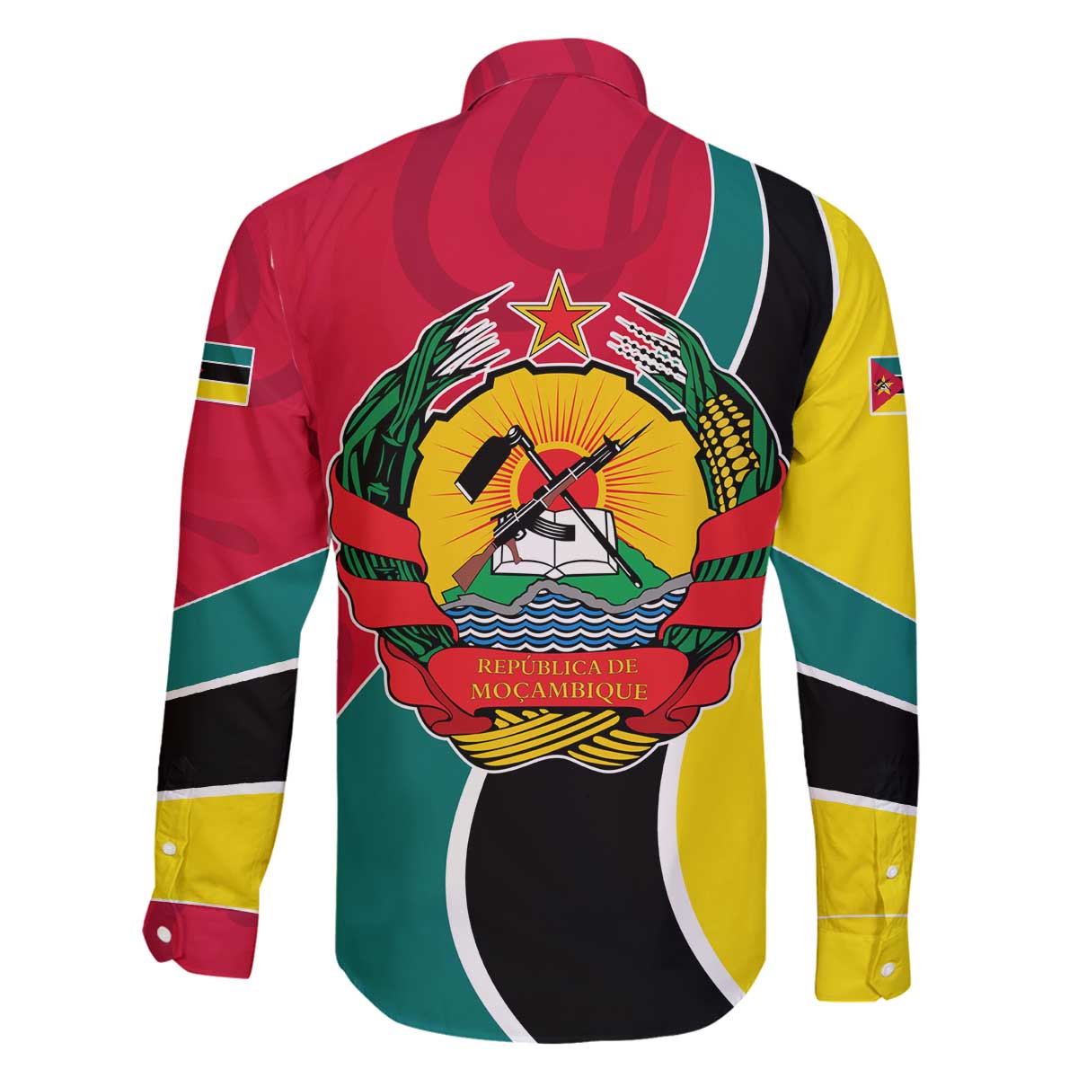 Mozambique Family Matching Off The Shoulder Long Sleeve Dress and Hawaiian Shirt with Red Yellow Green Wave Design and National Emblem - Wonder Print Shop
