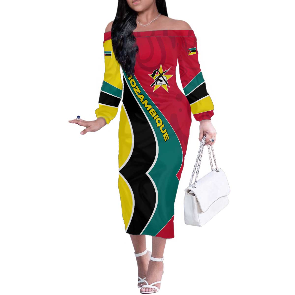 Mozambique Family Matching Off The Shoulder Long Sleeve Dress and Hawaiian Shirt with Red Yellow Green Wave Design and National Emblem - Wonder Print Shop