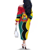 Mozambique Family Matching Off The Shoulder Long Sleeve Dress and Hawaiian Shirt with Red Yellow Green Wave Design and National Emblem - Wonder Print Shop