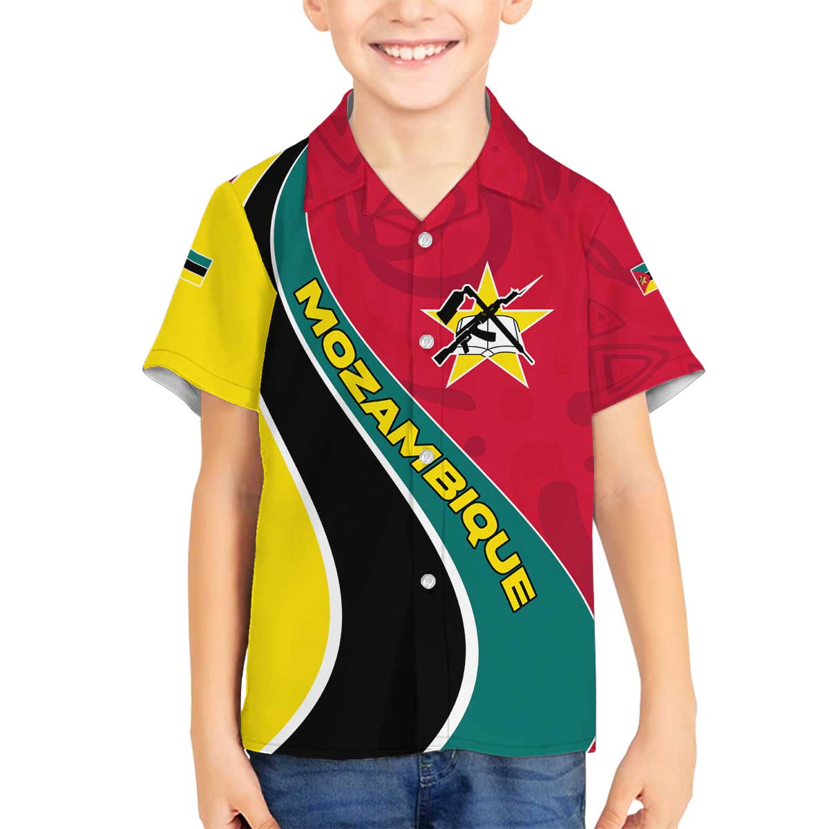 Mozambique Family Matching Off The Shoulder Long Sleeve Dress and Hawaiian Shirt with Red Yellow Green Wave Design and National Emblem - Wonder Print Shop