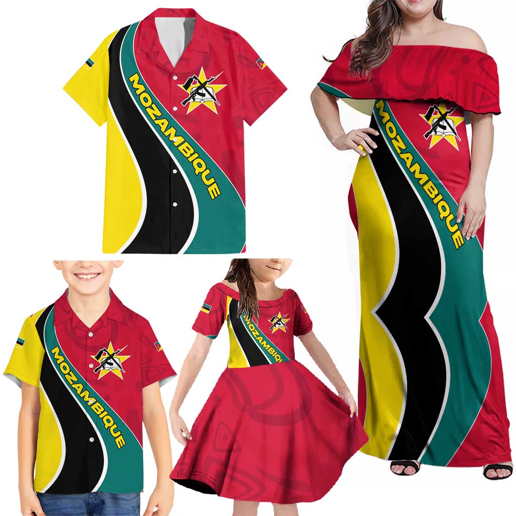 Mozambique Family Matching Off Shoulder Maxi Dress and Hawaiian Shirt with Red Yellow Green Wave Design and National Emblem - Wonder Print Shop