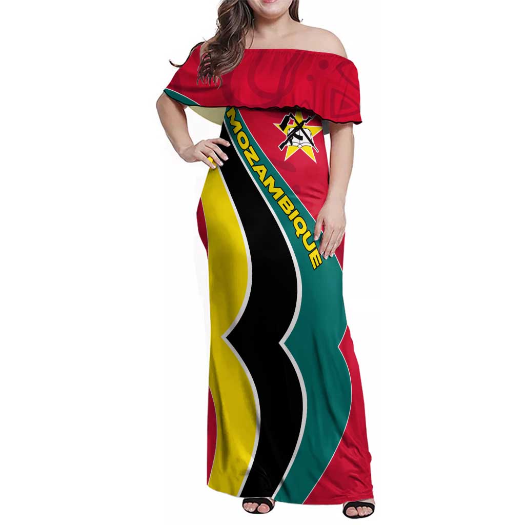Mozambique Family Matching Off Shoulder Maxi Dress and Hawaiian Shirt with Red Yellow Green Wave Design and National Emblem - Wonder Print Shop