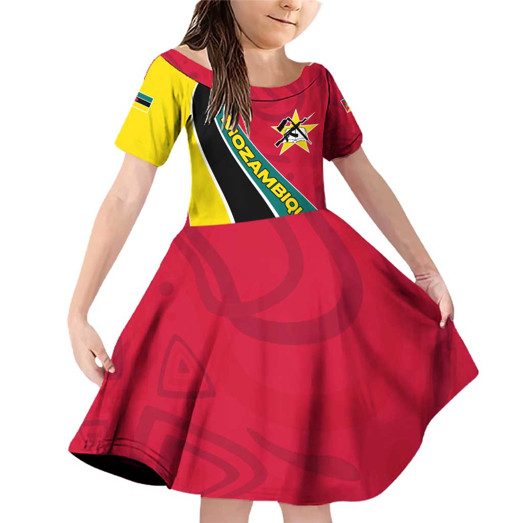 Mozambique Family Matching Off Shoulder Short Dress and Hawaiian Shirt with Red Yellow Green Wave Design and National Emblem - Wonder Print Shop