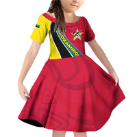 Mozambique Family Matching Off Shoulder Short Dress and Hawaiian Shirt with Red Yellow Green Wave Design and National Emblem - Wonder Print Shop