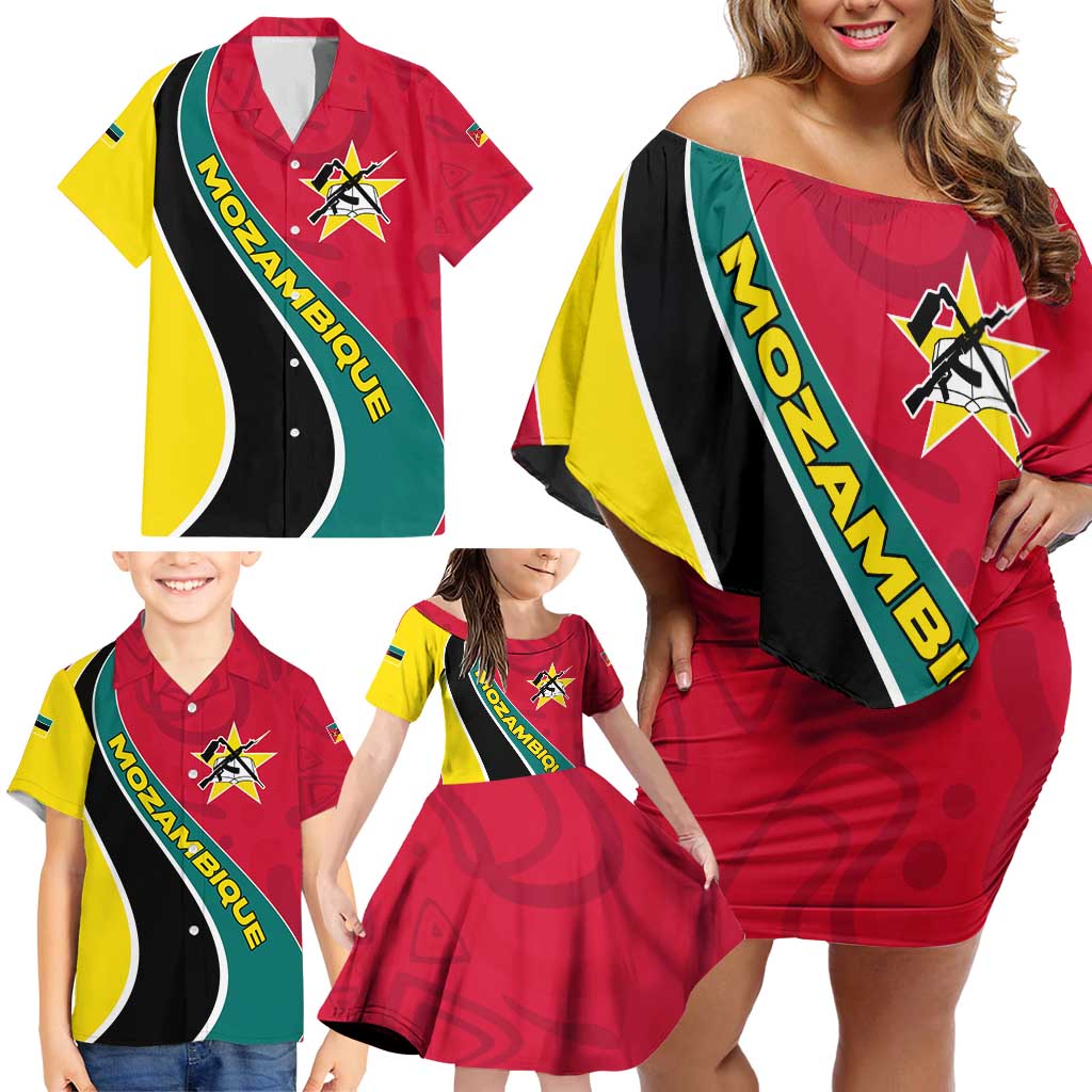 Mozambique Family Matching Off Shoulder Short Dress and Hawaiian Shirt with Red Yellow Green Wave Design and National Emblem - Wonder Print Shop