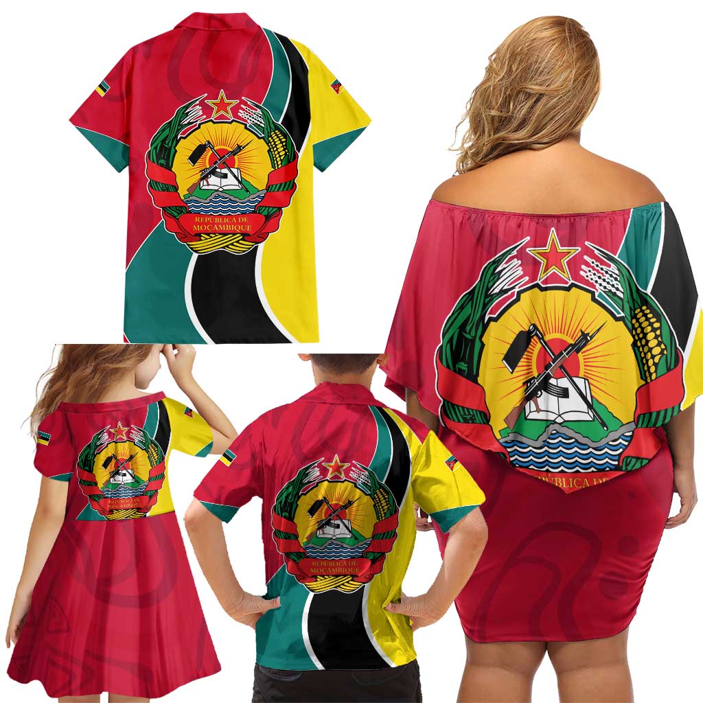Mozambique Family Matching Off Shoulder Short Dress and Hawaiian Shirt with Red Yellow Green Wave Design and National Emblem - Wonder Print Shop