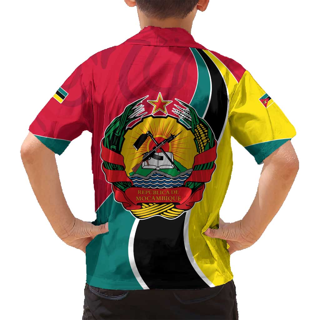 Mozambique Family Matching Puletasi and Hawaiian Shirt with Red Yellow Green Wave Design and National Emblem - Wonder Print Shop