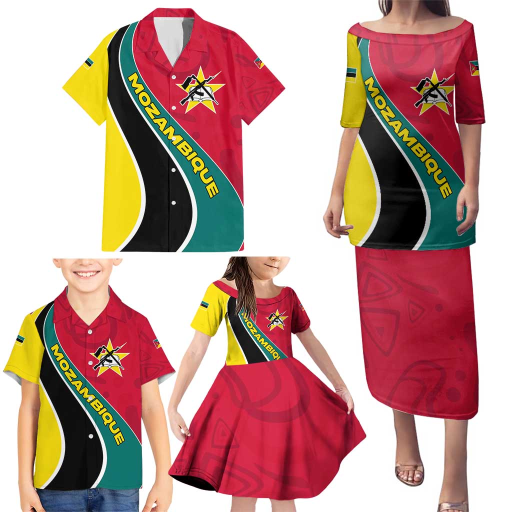 Mozambique Family Matching Puletasi and Hawaiian Shirt with Red Yellow Green Wave Design and National Emblem - Wonder Print Shop
