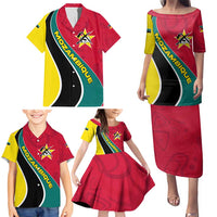 Mozambique Family Matching Puletasi and Hawaiian Shirt with Red Yellow Green Wave Design and National Emblem - Wonder Print Shop