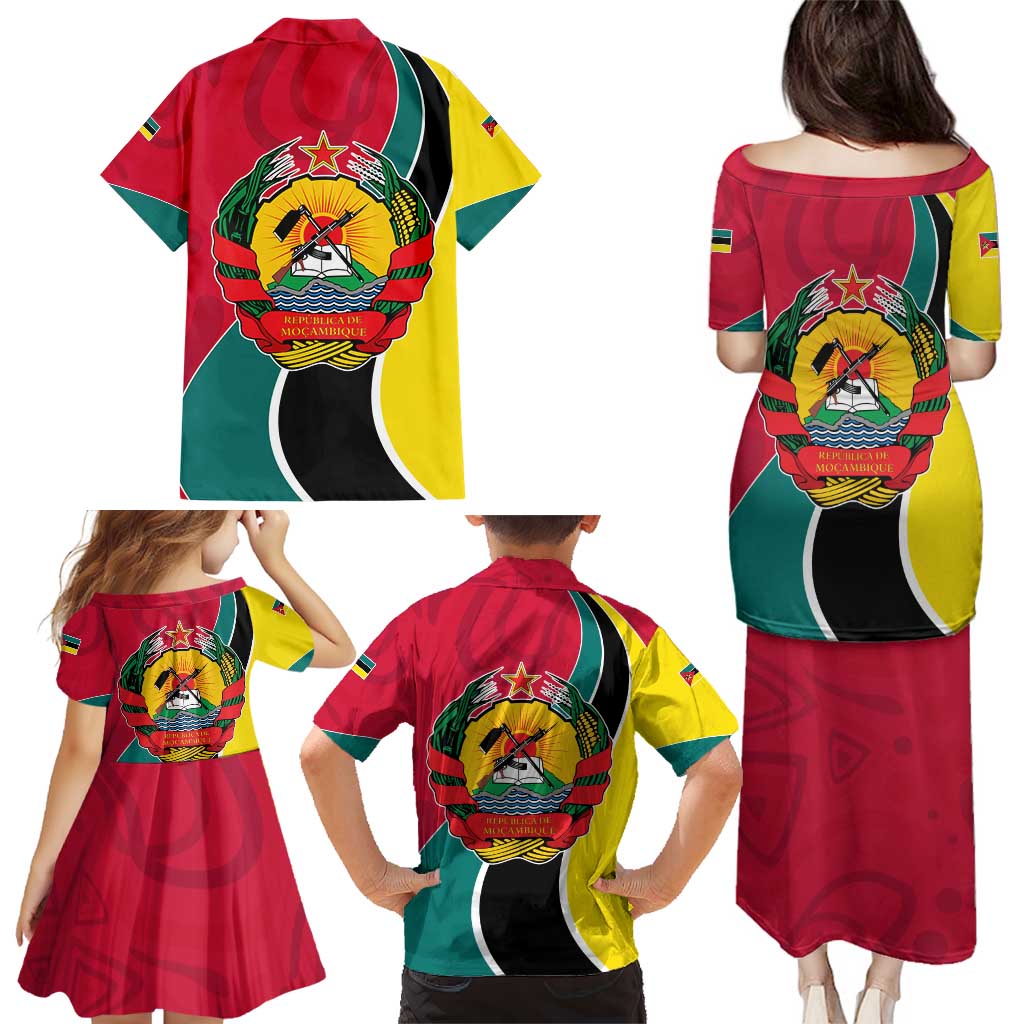 Mozambique Family Matching Puletasi and Hawaiian Shirt with Red Yellow Green Wave Design and National Emblem - Wonder Print Shop