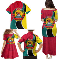 Mozambique Family Matching Puletasi and Hawaiian Shirt with Red Yellow Green Wave Design and National Emblem - Wonder Print Shop