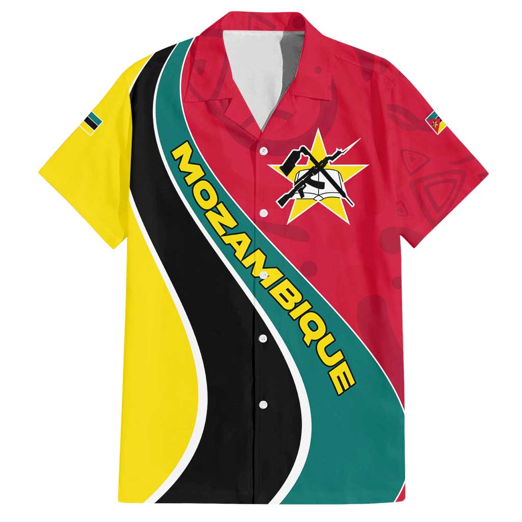 Mozambique Family Matching Puletasi and Hawaiian Shirt with Red Yellow Green Wave Design and National Emblem - Wonder Print Shop