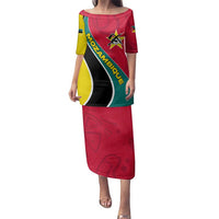 Mozambique Family Matching Puletasi and Hawaiian Shirt with Red Yellow Green Wave Design and National Emblem - Wonder Print Shop