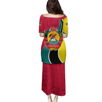 Mozambique Family Matching Puletasi and Hawaiian Shirt with Red Yellow Green Wave Design and National Emblem - Wonder Print Shop