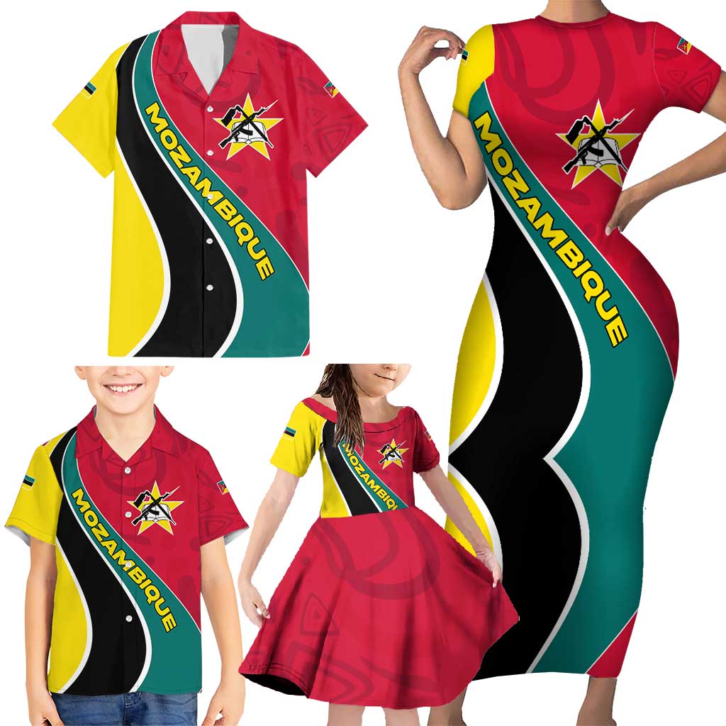 Mozambique Family Matching Short Sleeve Bodycon Dress and Hawaiian Shirt with Red Yellow Green Wave Design and National Emblem - Wonder Print Shop
