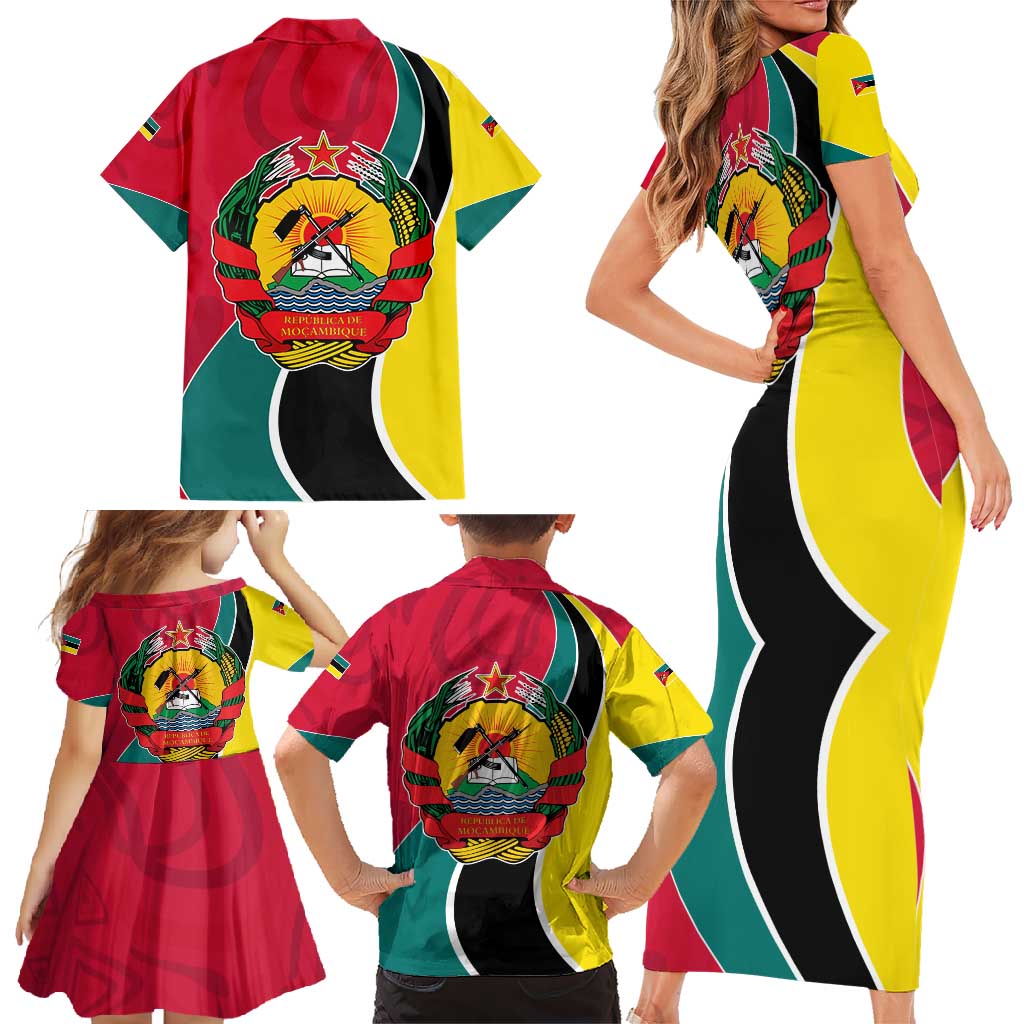 Mozambique Family Matching Short Sleeve Bodycon Dress and Hawaiian Shirt with Red Yellow Green Wave Design and National Emblem - Wonder Print Shop