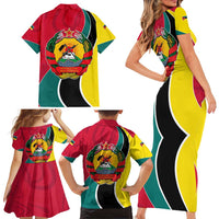 Mozambique Family Matching Short Sleeve Bodycon Dress and Hawaiian Shirt with Red Yellow Green Wave Design and National Emblem - Wonder Print Shop