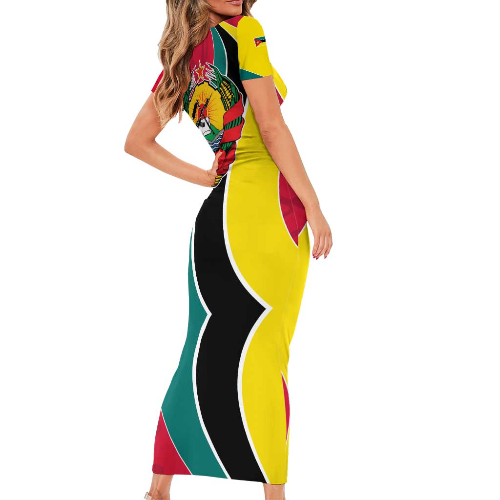 Mozambique Family Matching Short Sleeve Bodycon Dress and Hawaiian Shirt with Red Yellow Green Wave Design and National Emblem - Wonder Print Shop